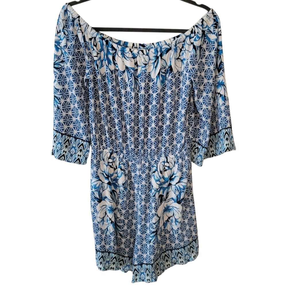 WHBM Blue Batik‎ Print 3/4 Sleeve Romper Size Small - Picture 4 of 5